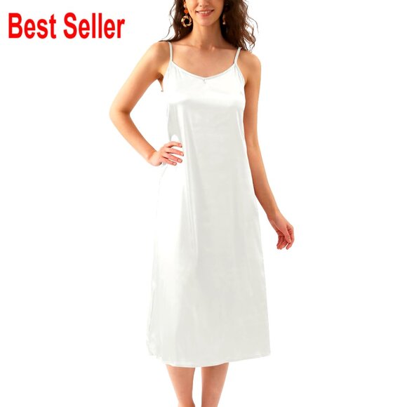 Satin Slip Dress V-Neck Adjustable Strap Loose Fit Nightgown
